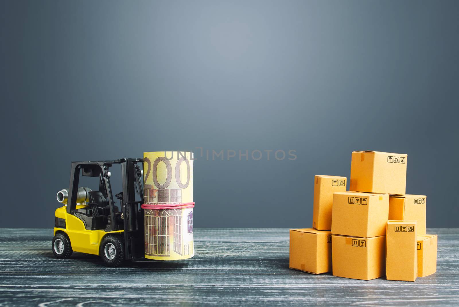 Forklift truck carries a euro bundle roll near stack of boxes. Profit from trade, exchange of goods. Investments financing in production, taxes, income revenues costs. High productivity superprofits