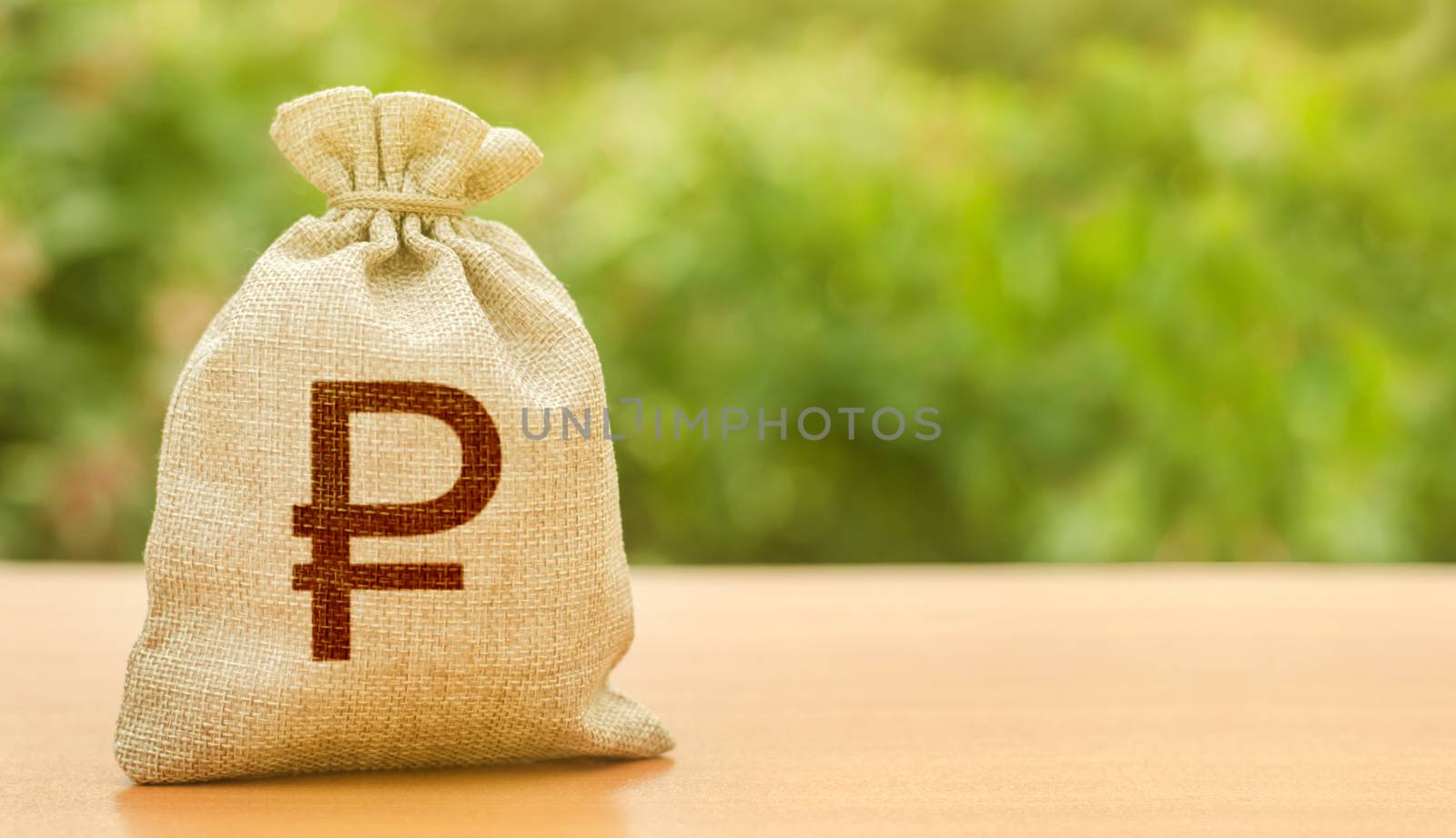 Russian ruble money bag on nature background. Finance and budgeting, investments, bank deposit interest rates. Economics, salary. Business and industry, economic processes. Profit, income, earnings