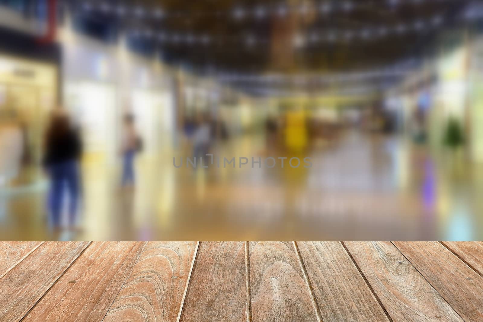 Empty Wooden Board with Blurred Walking Street Background. Suitable for Products Display.