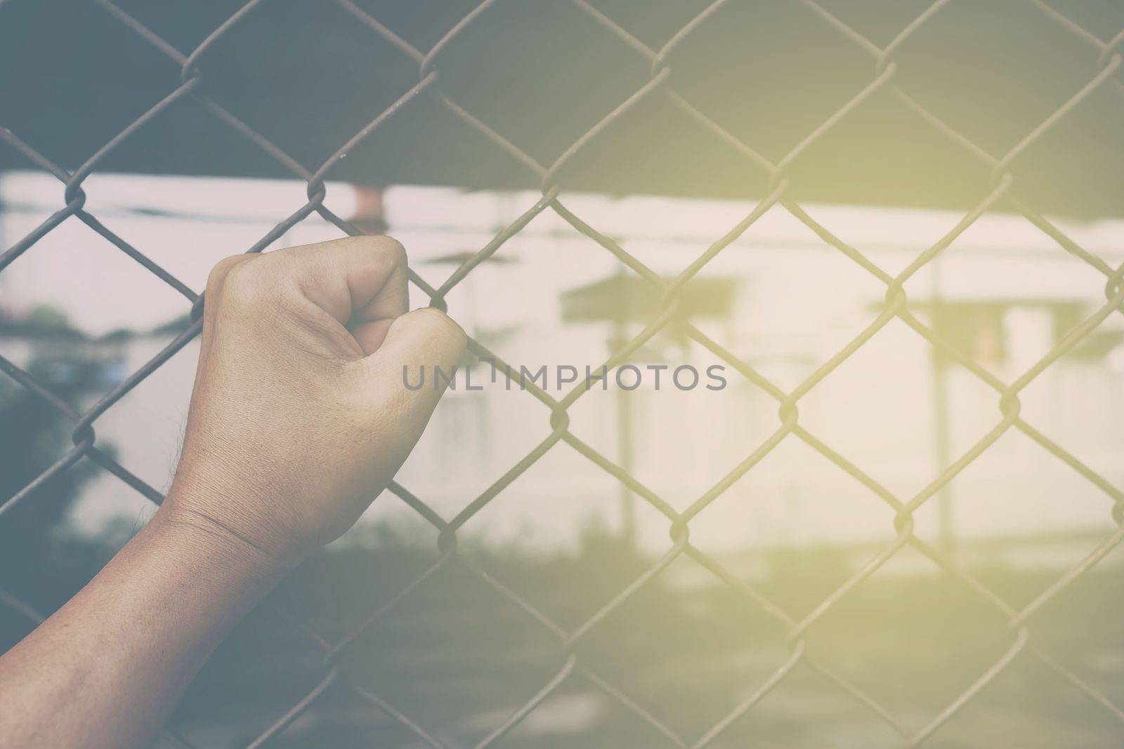 Fist on Chain Link Fence Background.