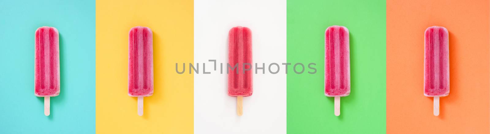 Strawberry popsicle collage on different colorful backgrounds