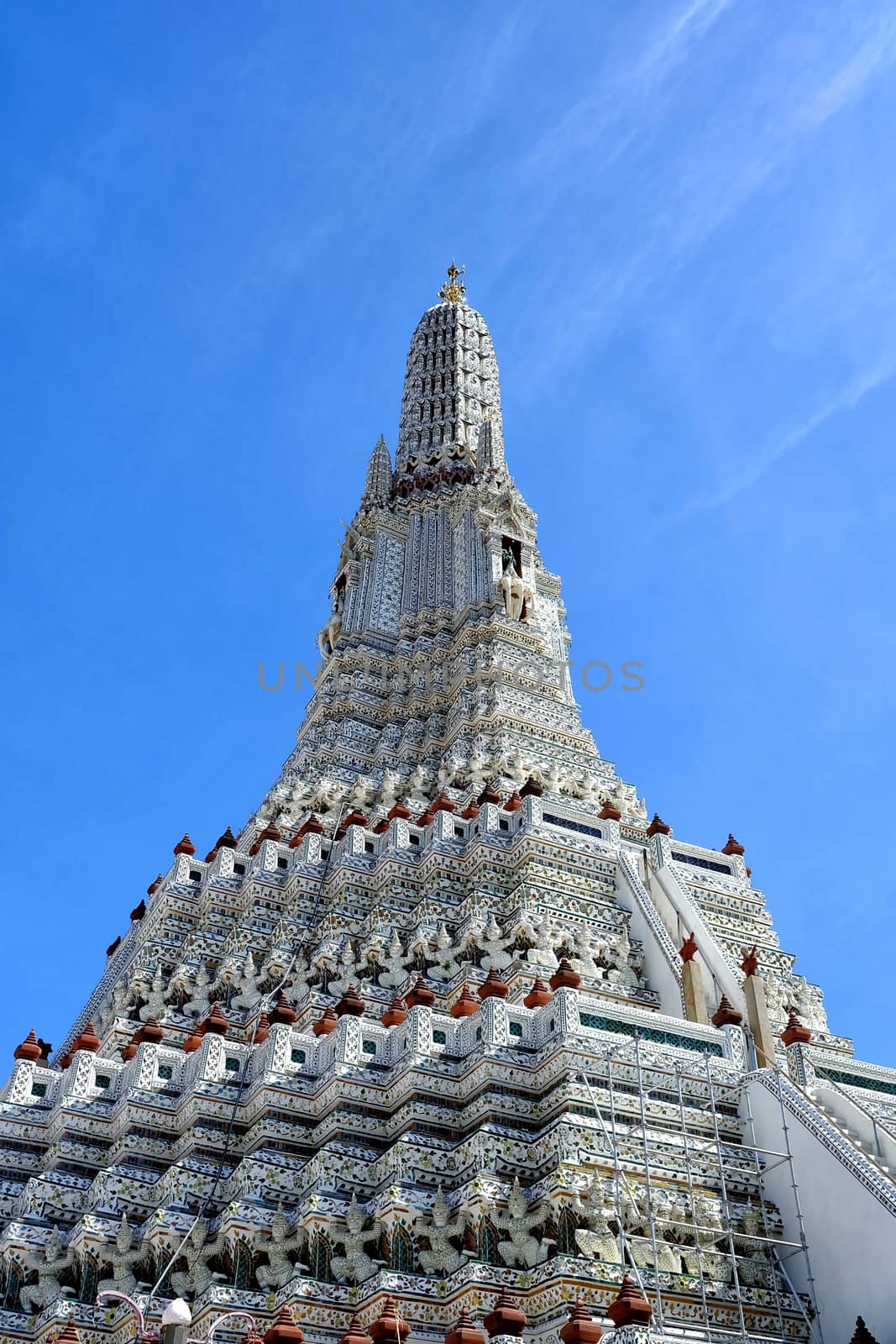 Ancient White Pagoda at Wat Arun Temple, Bangkok Thailand after Reconstruction in 2017.