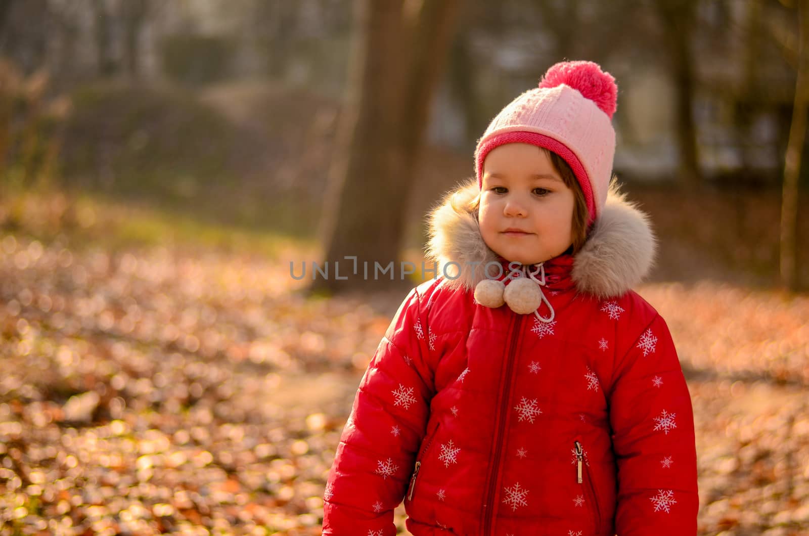 Little girl in red stands on the background of the autumn forest