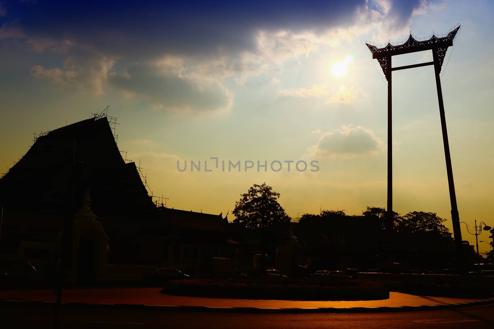 Siluate of Giant Swing of Bangkok, It's Famous Landmark of Thailand. by mesamong