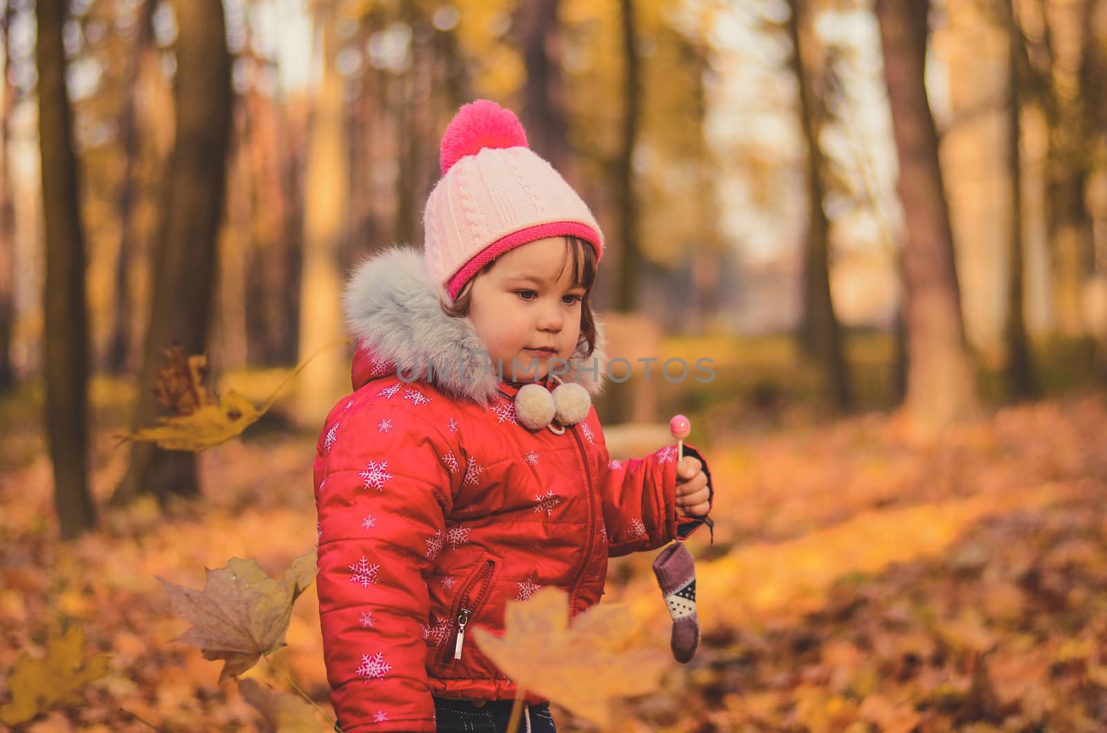 Little girl with a lollipop walks in autumn park by chernobrovin