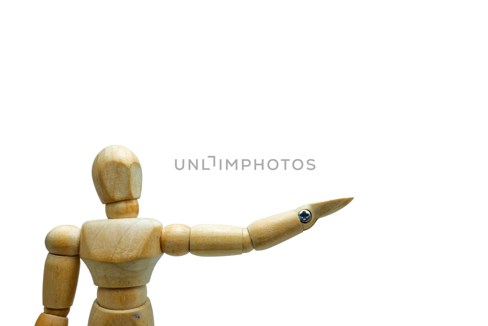 Wood Figure Raising Hand Isolated on White Background, Suitable for Business Presentation. by mesamong