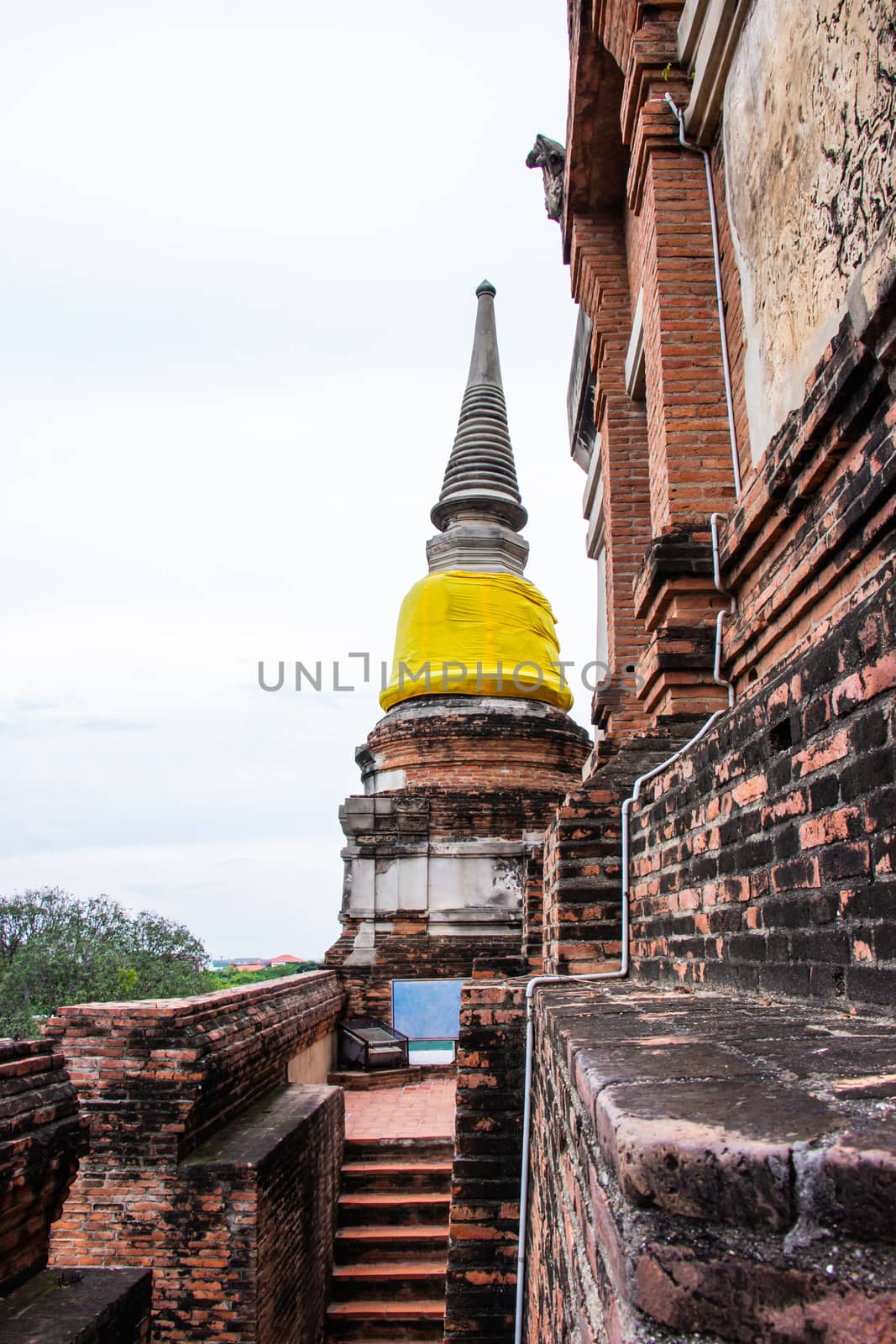 Pagoda and Buddha Status at Wat Yai Chaimongkol famous and popular tourist destinations Ayutthaya, Thailand.