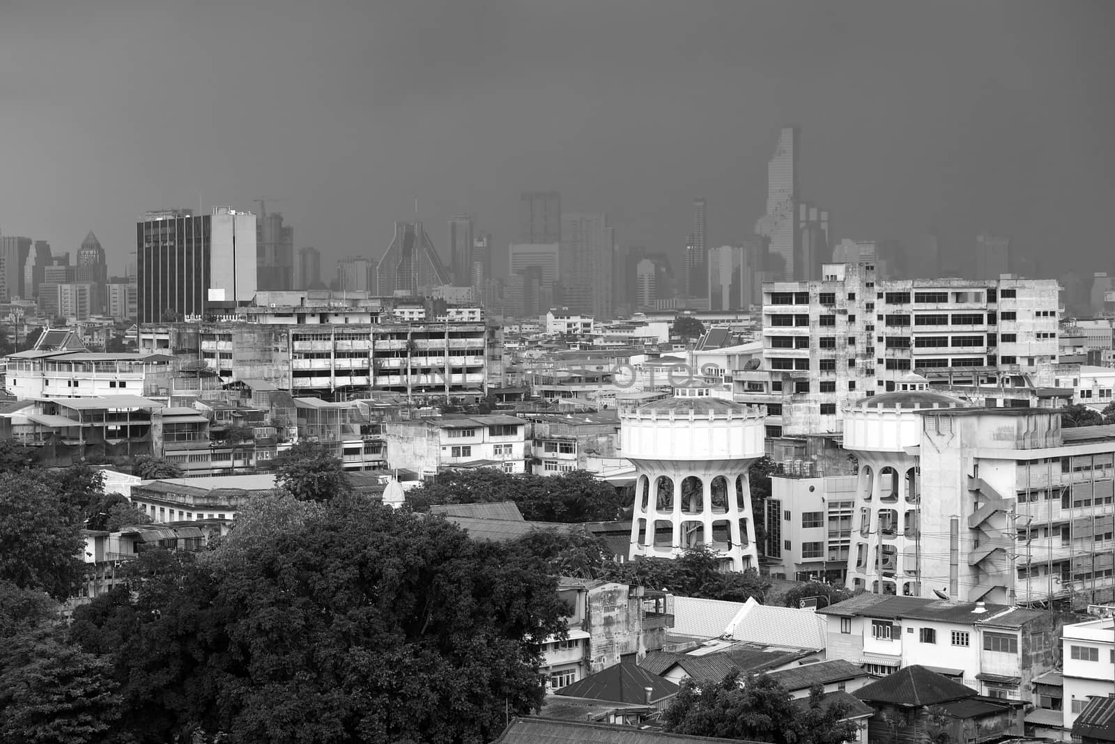 Scenery of Bangkok Cityscape in Cloudy Day, The Capital of Thailand in Black and White Style. by mesamong