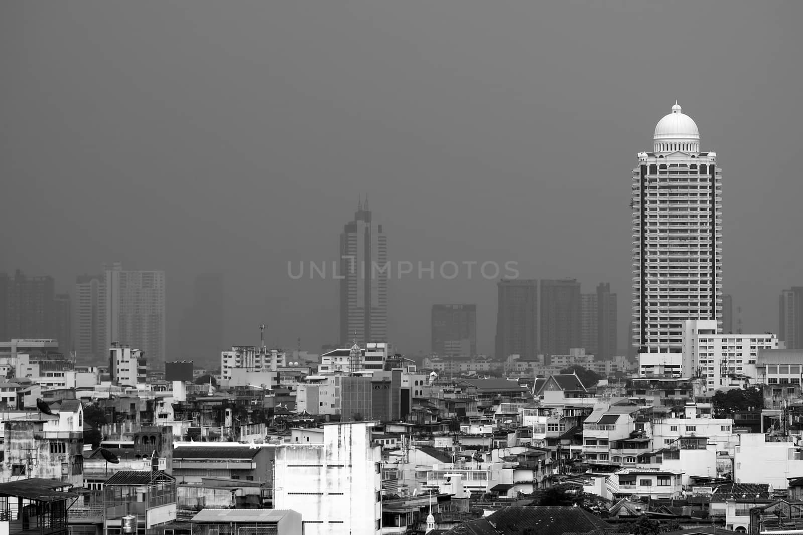 Scenery of Bangkok Cityscape in Cloudy Day, The Capital of Thailand in Black and White Style. by mesamong