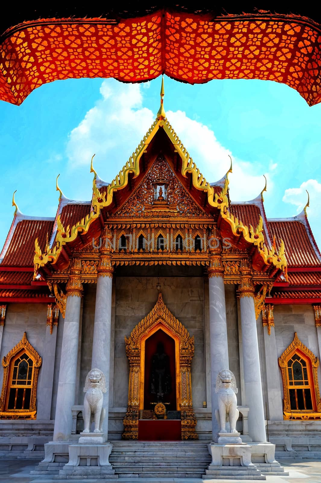 Ancient Marble Church at Wat Benchamabophit Temple. It is a famous landmark in Bangkok Thailand. by mesamong