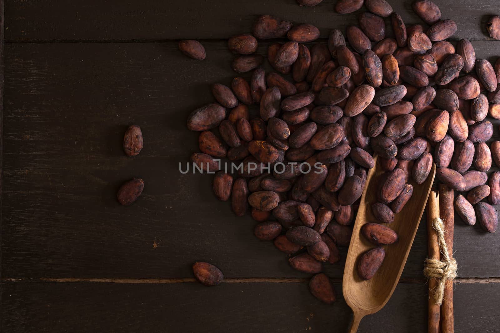 Top view of Cocoa beans in vintage table on dark background.