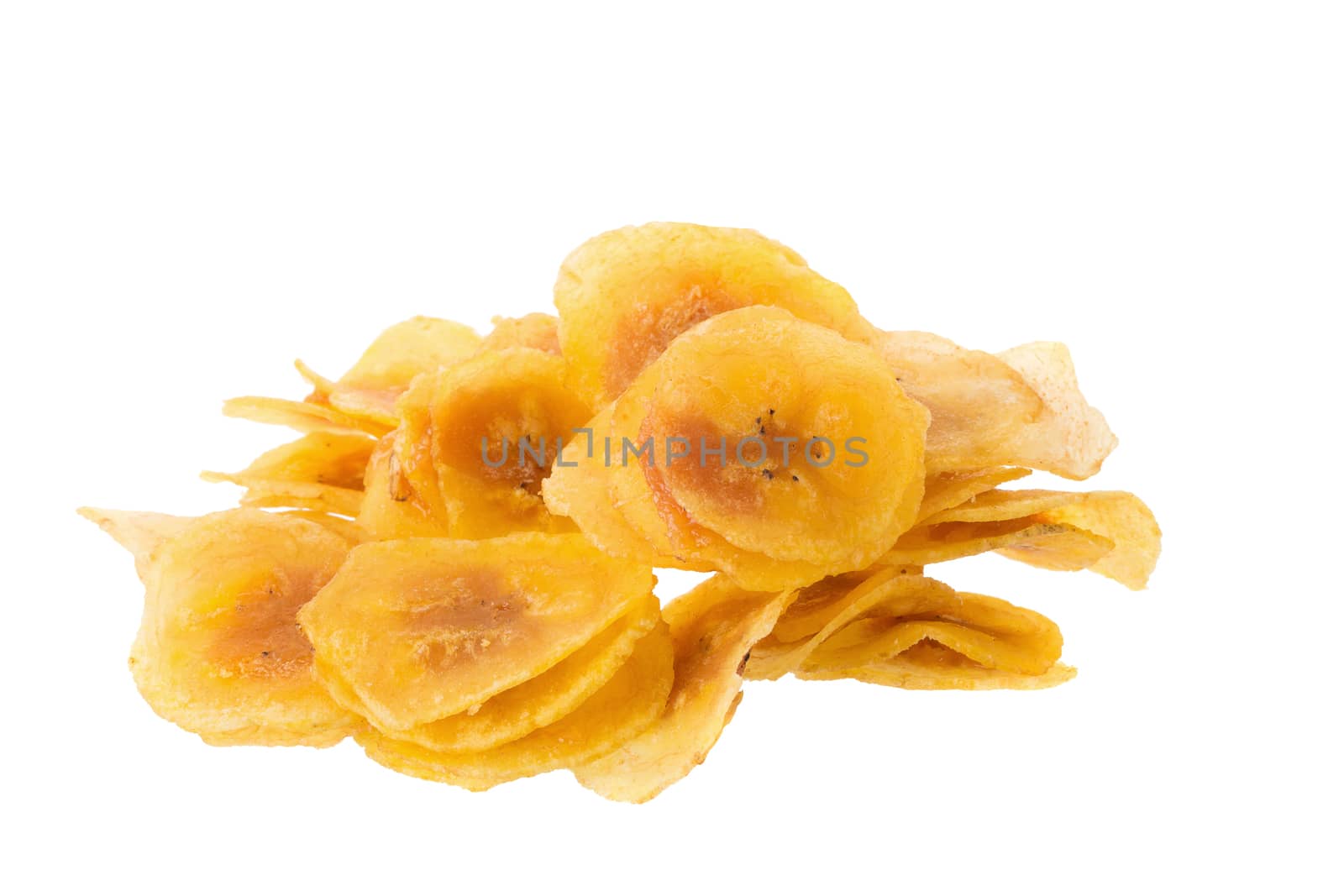 Dried banana chips. Yellow deep fried slices of bananas Isolated by kaiskynet