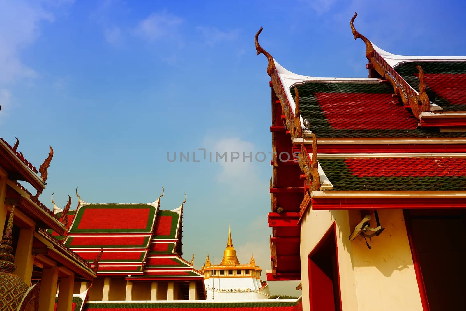 Temple of the Golden Mount on Blue Sky Background, Landmark of Bangkok Thailand.