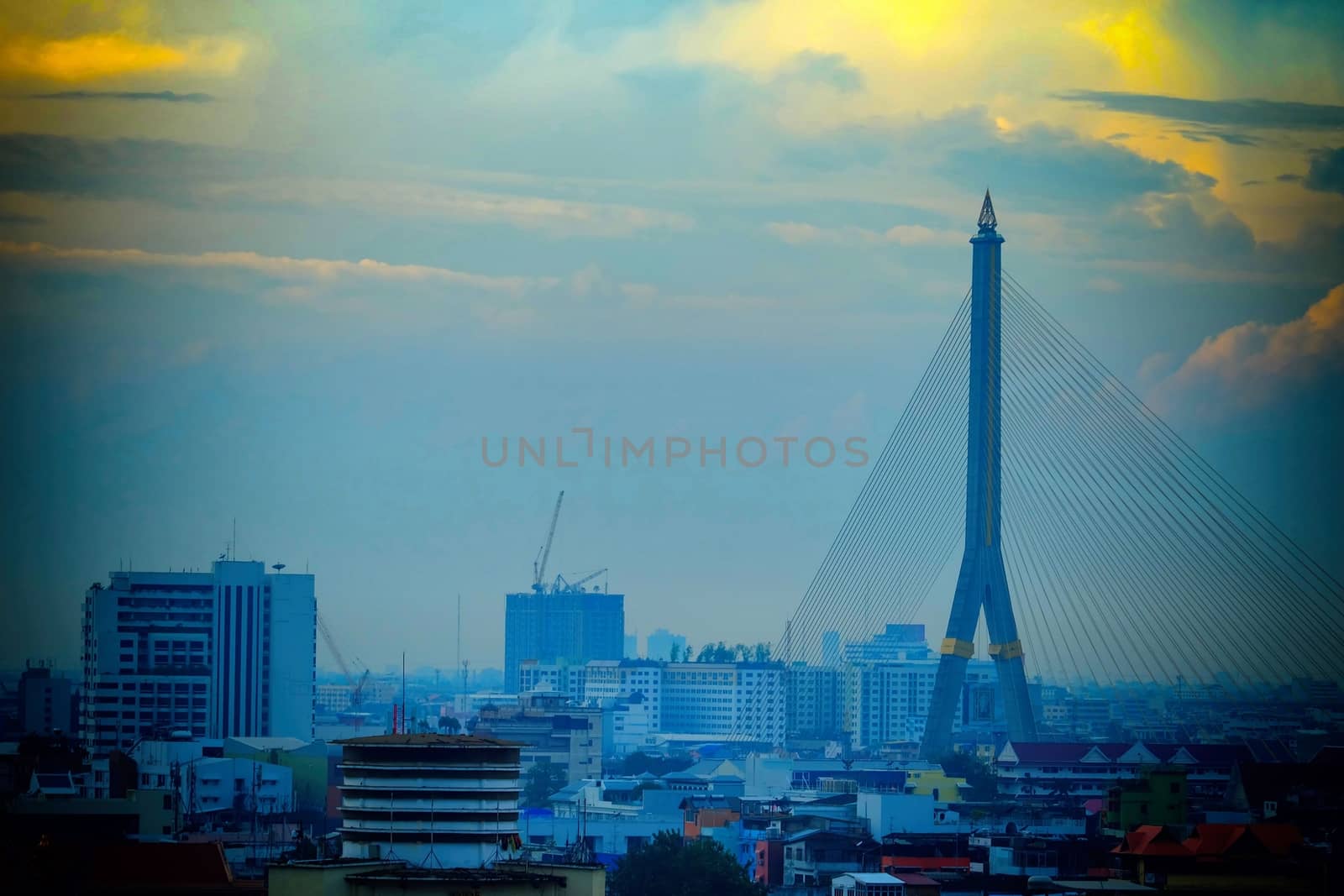 Scenery of Cityscape Sunset at Bangkok, The Capital of Thailand in Vintage Style.