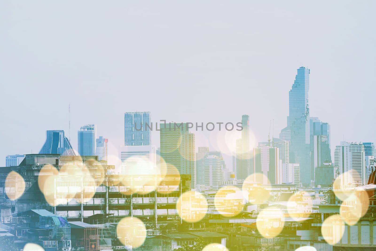 Scenery of Bangkok Cityscape with Light Leak and Bokeh Background.