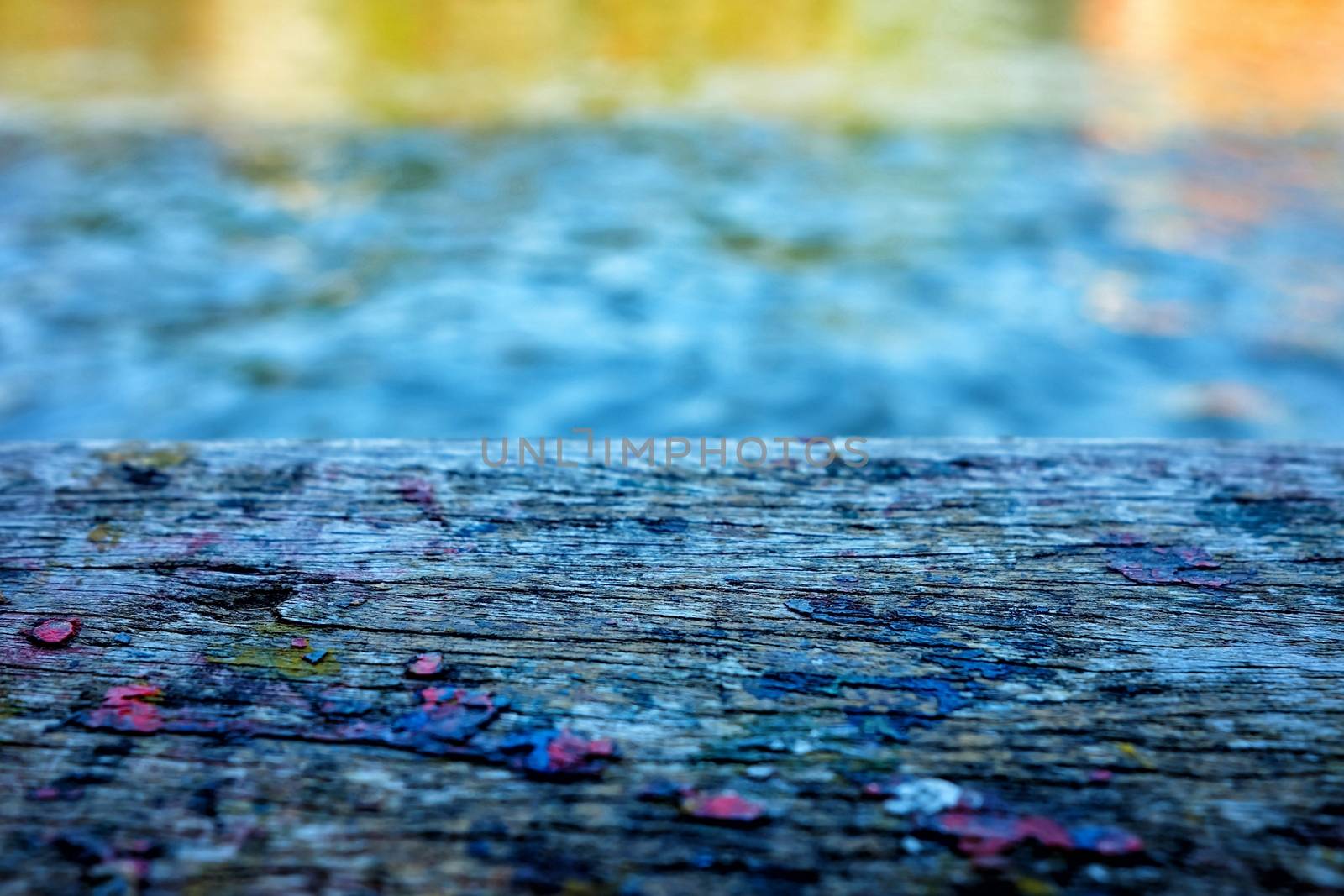Close-up Wooden Table with River Background in Selective Focus, Suitable for Product Presention.