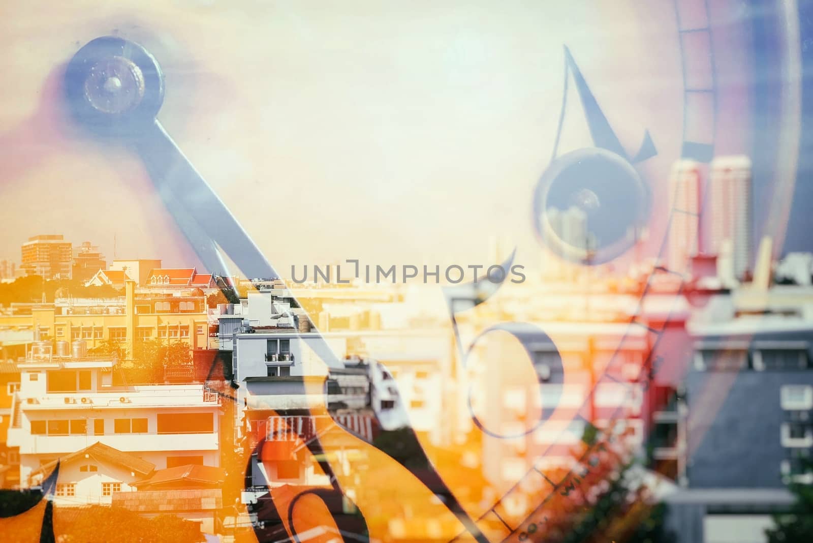 Double Exposure of Cityscape with Old Vintage Clock. by mesamong