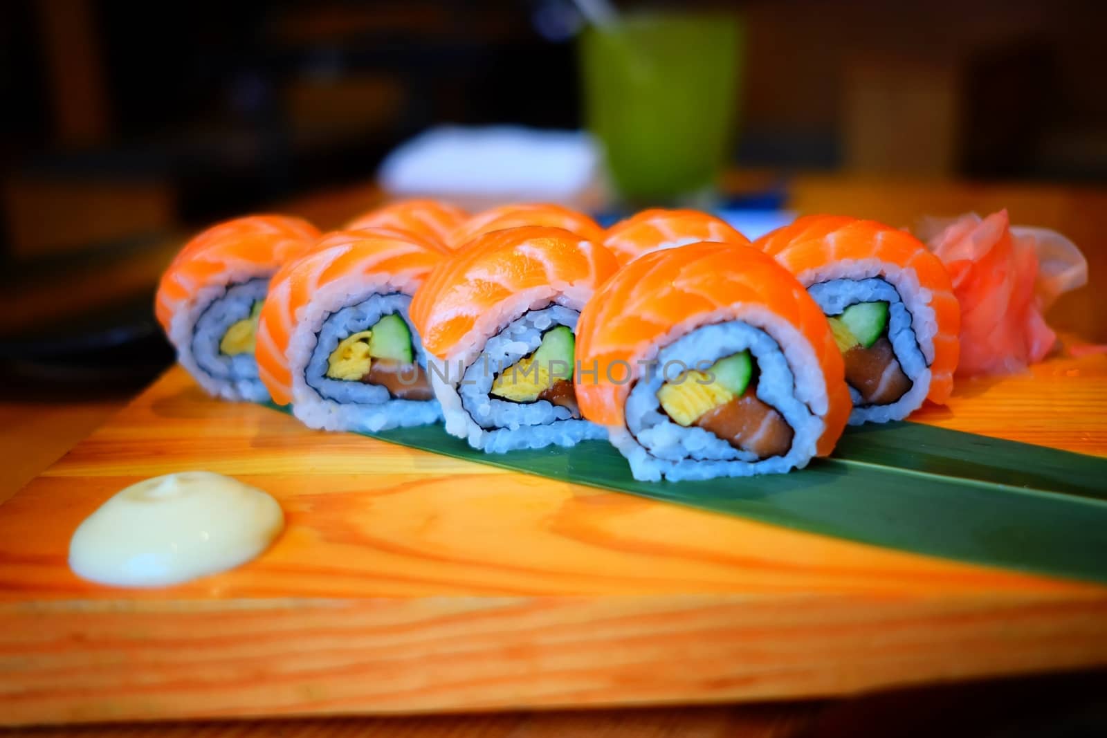 Salmon Roll Sushi Recipe. (Selective Focus)