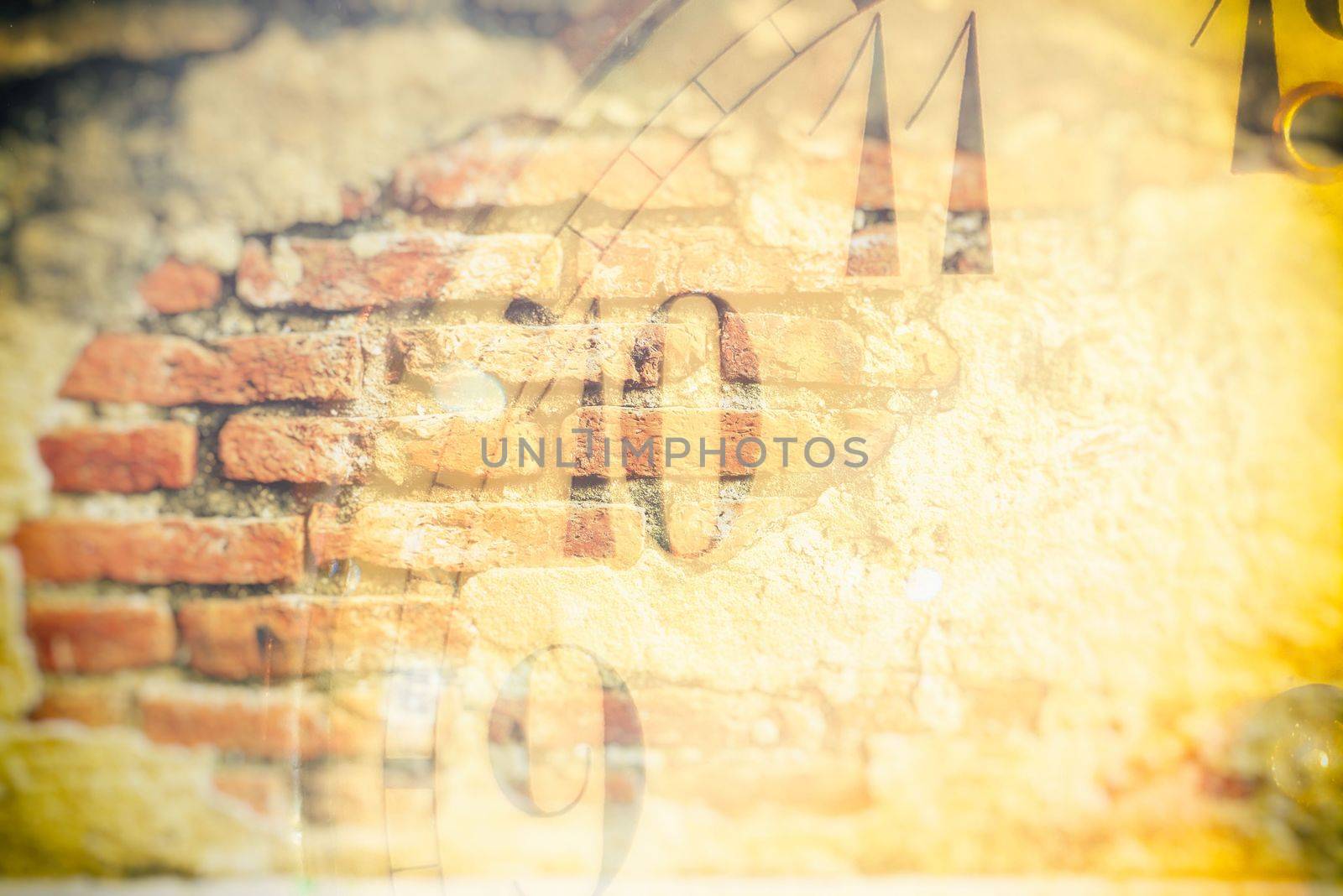 Abstract Double Exposure of Vintage Clock with Grunge Wall Background, Suitable for Time Concept.