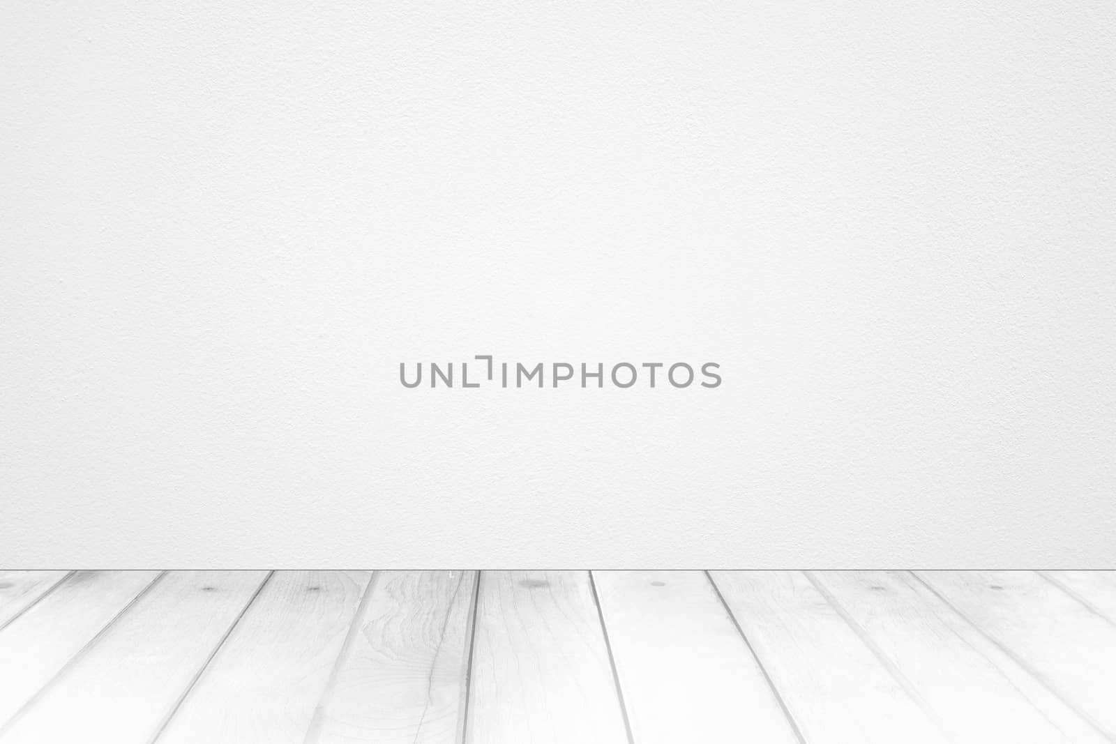 Abstract White Concrete Room Background with White Wooden Pavement. by mesamong