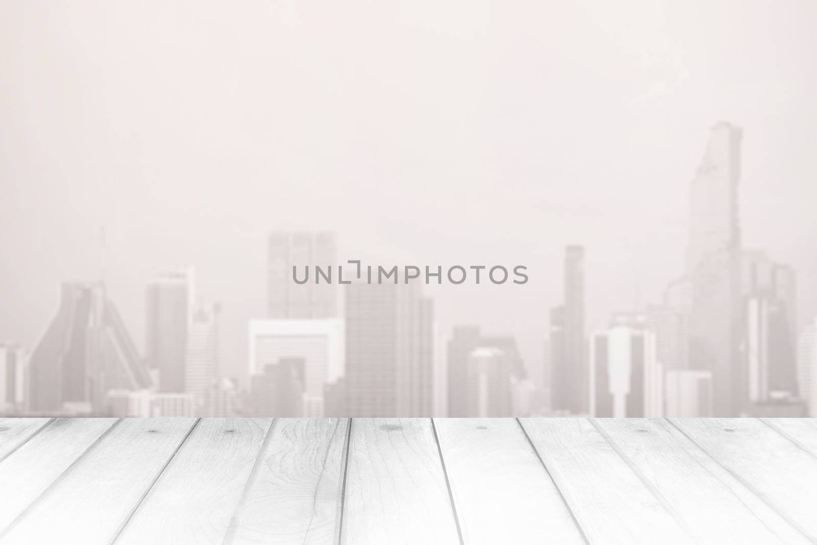 Blurred White Cityscape of Bangkok Background with Wooden Pavement.