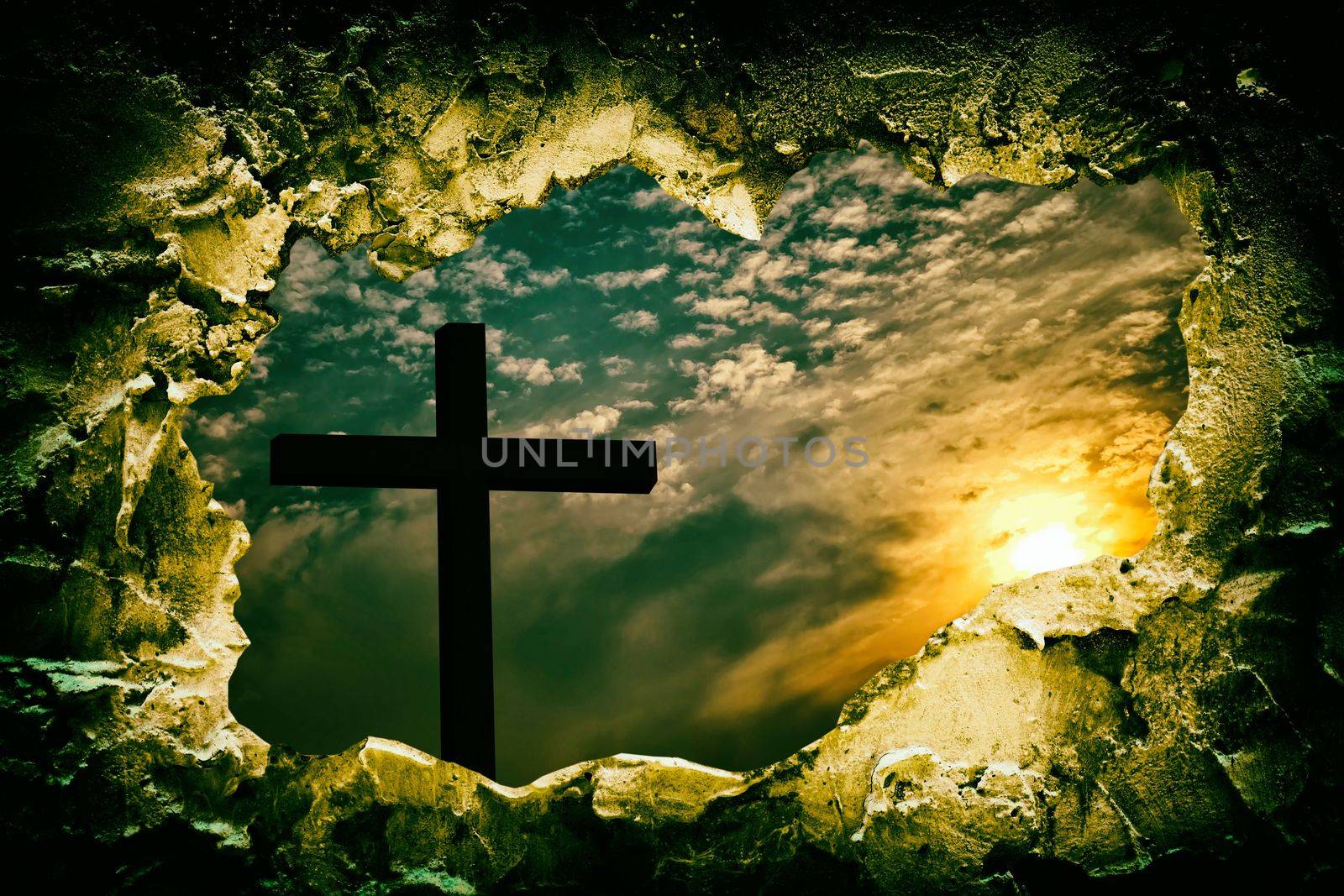 Silhouette of Christ Cross from Opened Tomb in Resurrection Concept. by mesamong