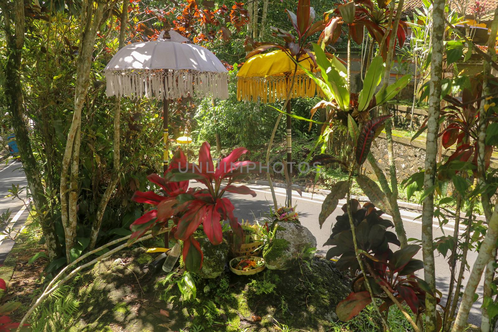 A sacred place at the driveway to Hindu temple Batukaru on Bali island in Indonesia. Sacrifices to God from believers. Closeup of stones, yellow and white decorative umbrelas among tropical plants.