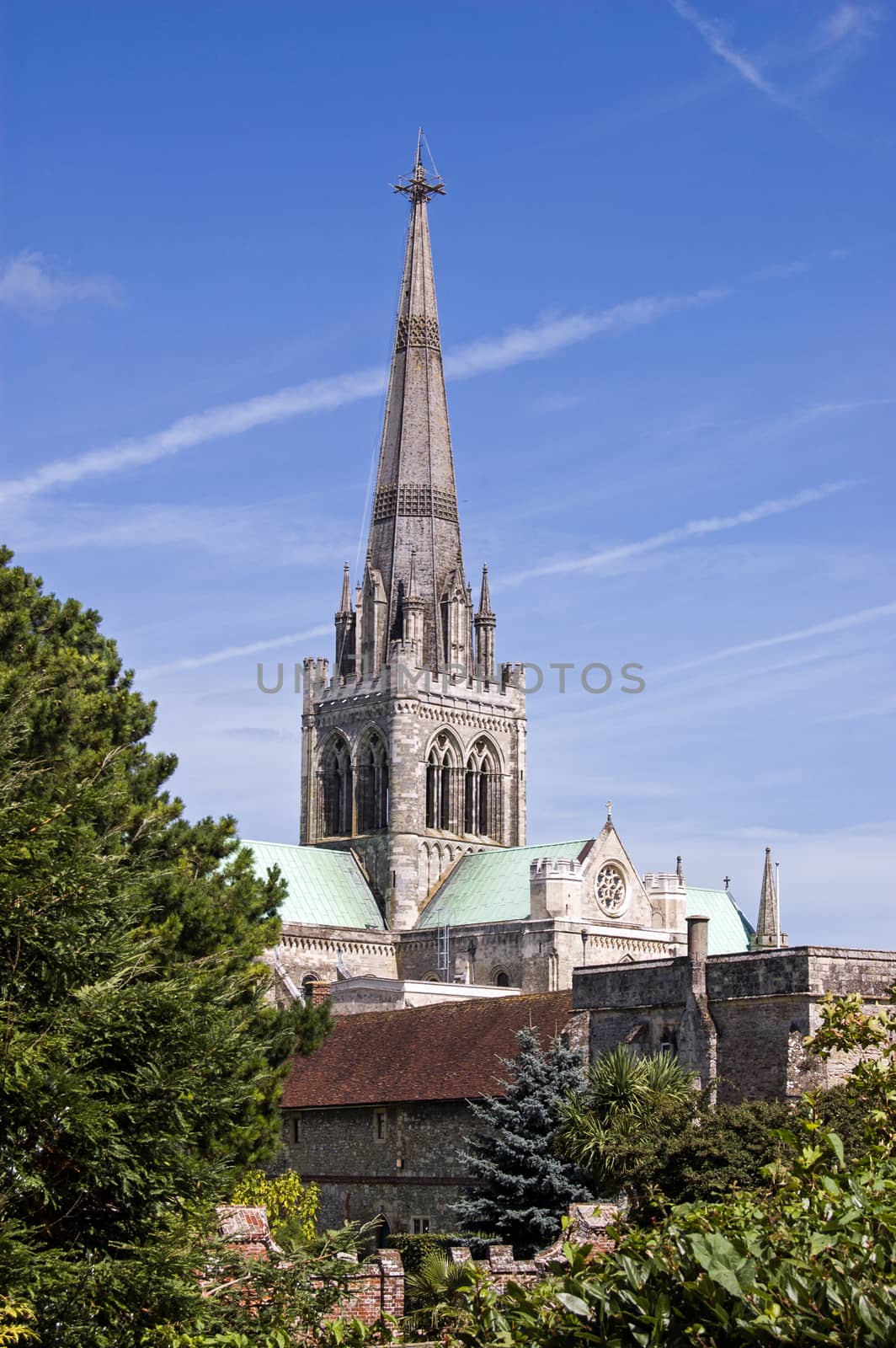 View of Chichester Cathedral across the gardens of the Bishop's Palace. West Sussex.