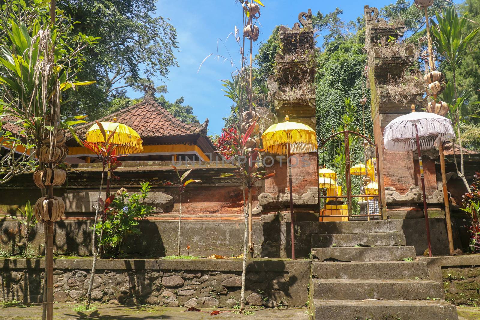 Hindu temple near to Batukaru temple on Bali island in Indonesia. Tabernacle of the Believing Balinese. Balinese culture, closeup of yellow and white decorative umbrelas among tropical plants.