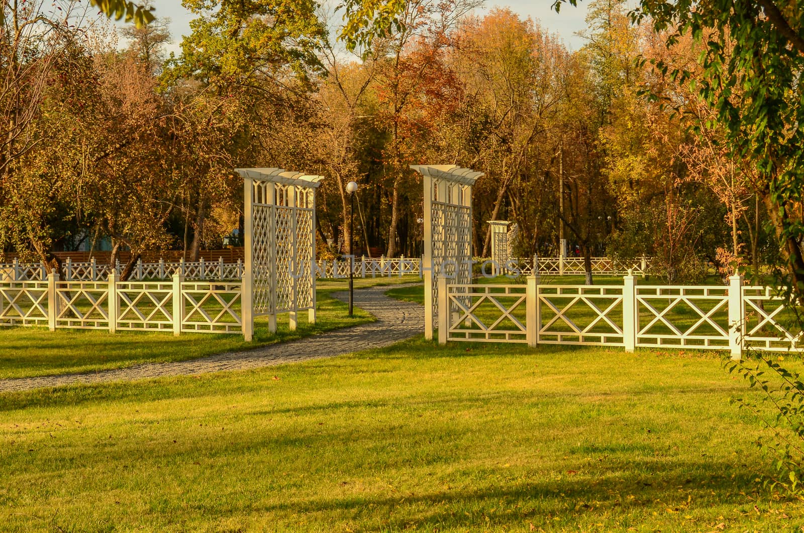 white wooden fence and green lawn in the autumn park