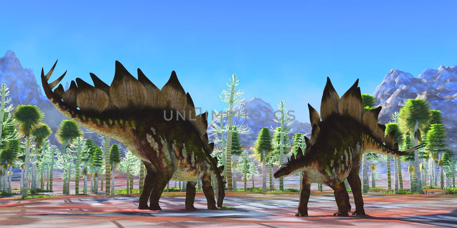 Two herbivorous armored dinosaurs eat in a Cycad forest during the Jurassic Period of North America. 