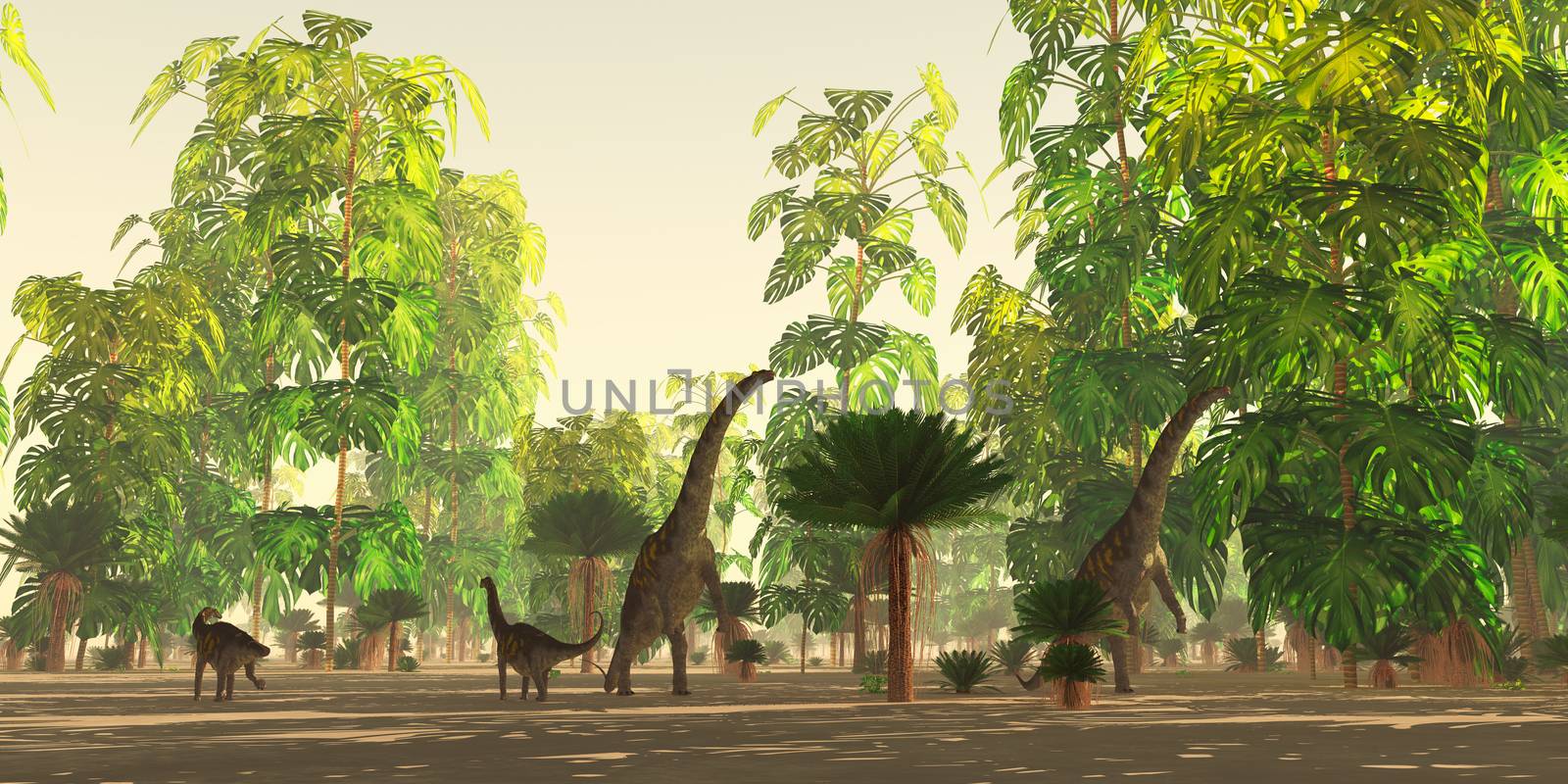 A Cycad and Monstera deliciosa forest in the Cretaceous Period provides forage for a herd of Argentinosaurus dinosaurs.