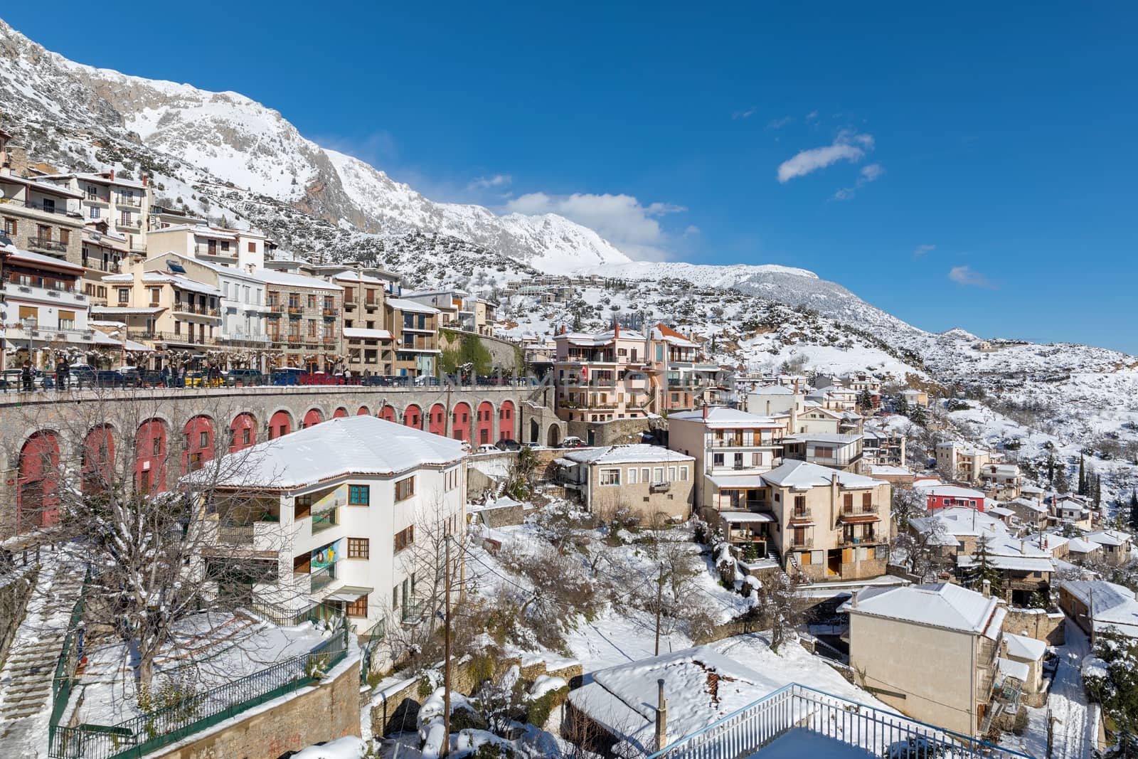 ARAHOVA, GREECE - JANUARY 6, 2019: Arahova village covered with snow in a sunny day 