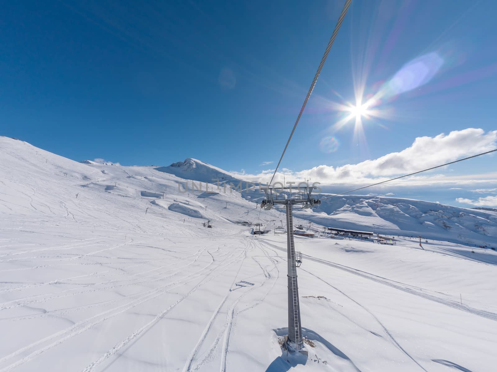 Ski lift in the slope of Parnassos ski resort in Greece