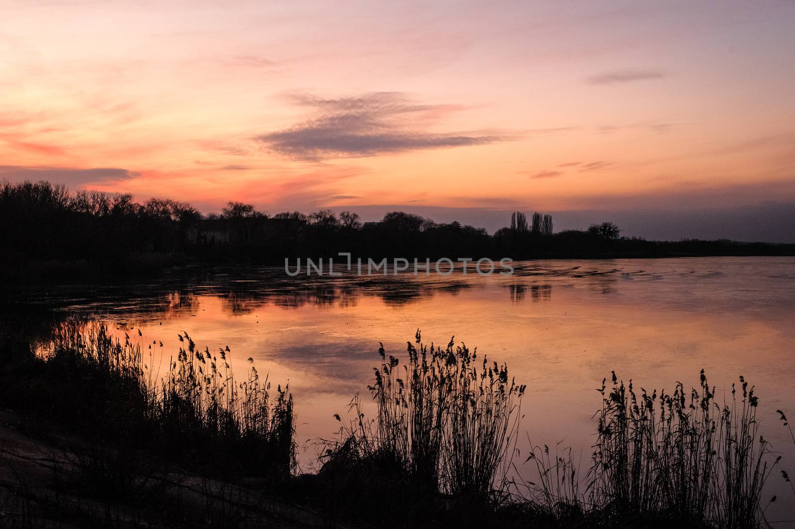 beautiful sunset is reflected in the water of a large lake in the forest