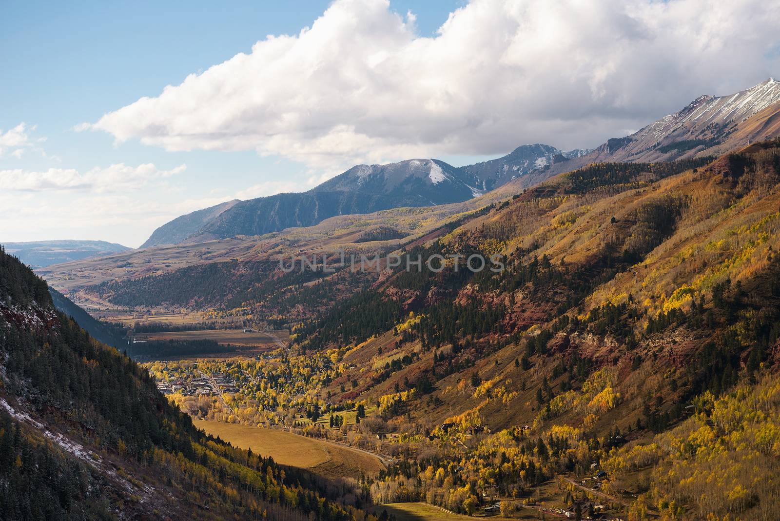 Aerial view of Telluride, Colorado in autumn with surrounding San Juan Mountains. Telluride is a historic mining town and popular ski resort.