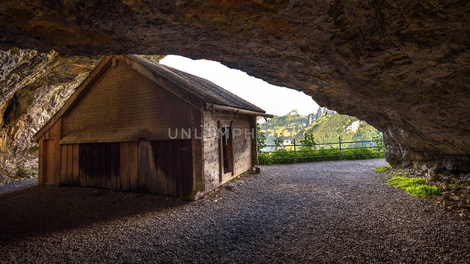 Historic cabin in the Wildkirchli cave in the Appenzell region of Switzerland by nickfox