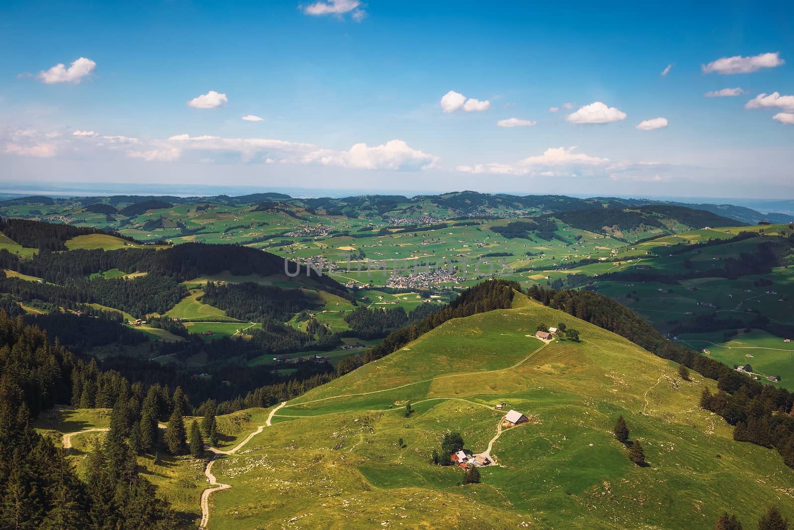 Panoramic views from the Ebenalp mountain over the valley in the Appenzell region of Switzerland