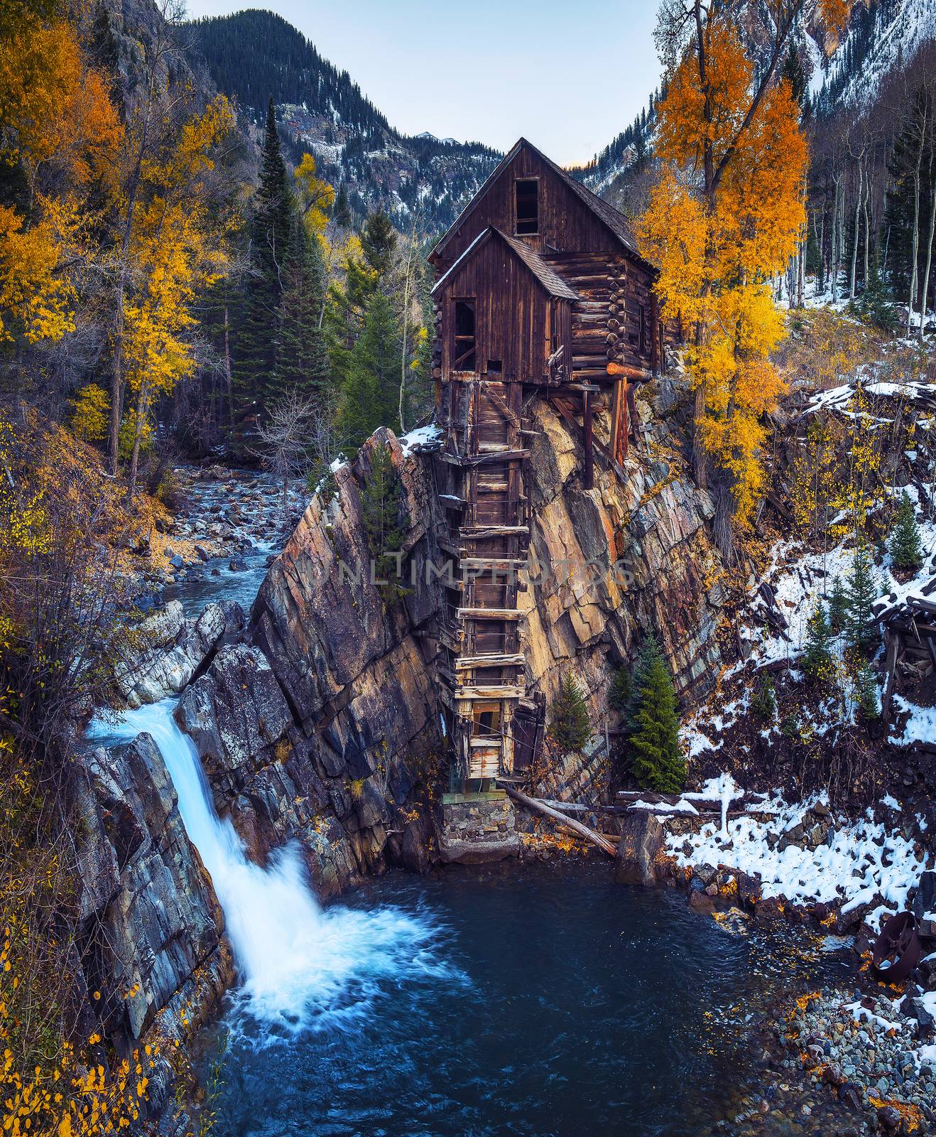 Historic wooden powerhouse called the Crystal Mill in Colorado. It is located on an outcrop above the Crystal River in Crystal ghost town and was built in 1892.