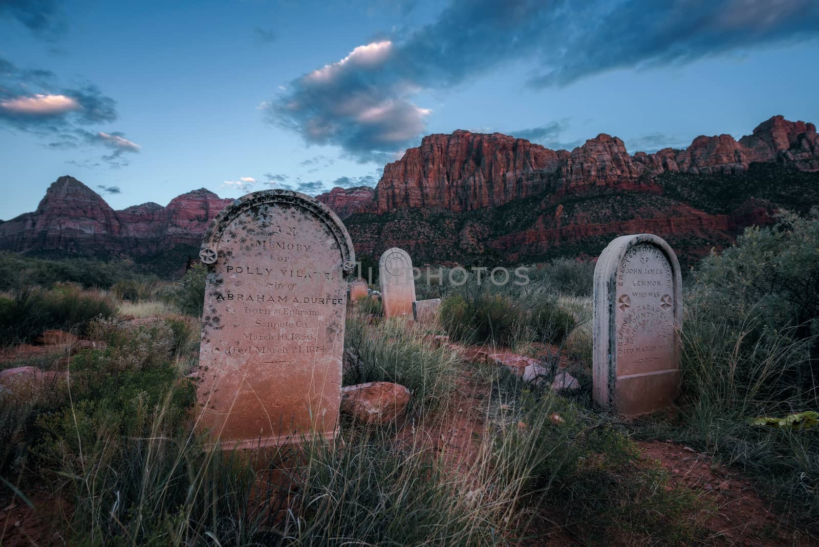 Springdale, Utah, USA - October 21, 2018 : Historic pioneer cemetery in Springdale located at the entry to the Zion National Park, photographed during the blue hour.