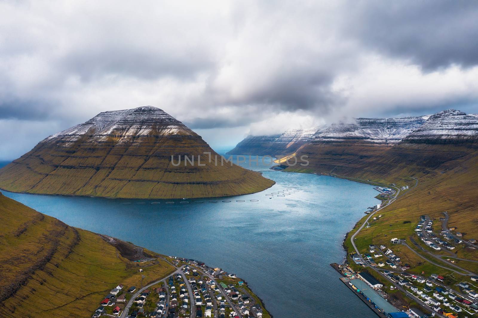 Aerial view of the city of Klaksvik on Bordoy island in the Faroe Islands, Denmark