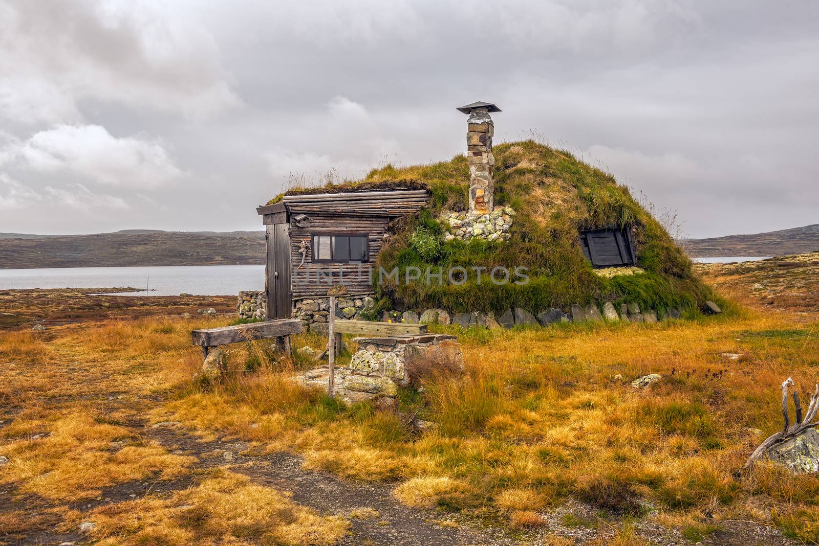 Cabin with turf roof near Hardangervidda National Park with a lake in the background, Hordaland county, Norway.