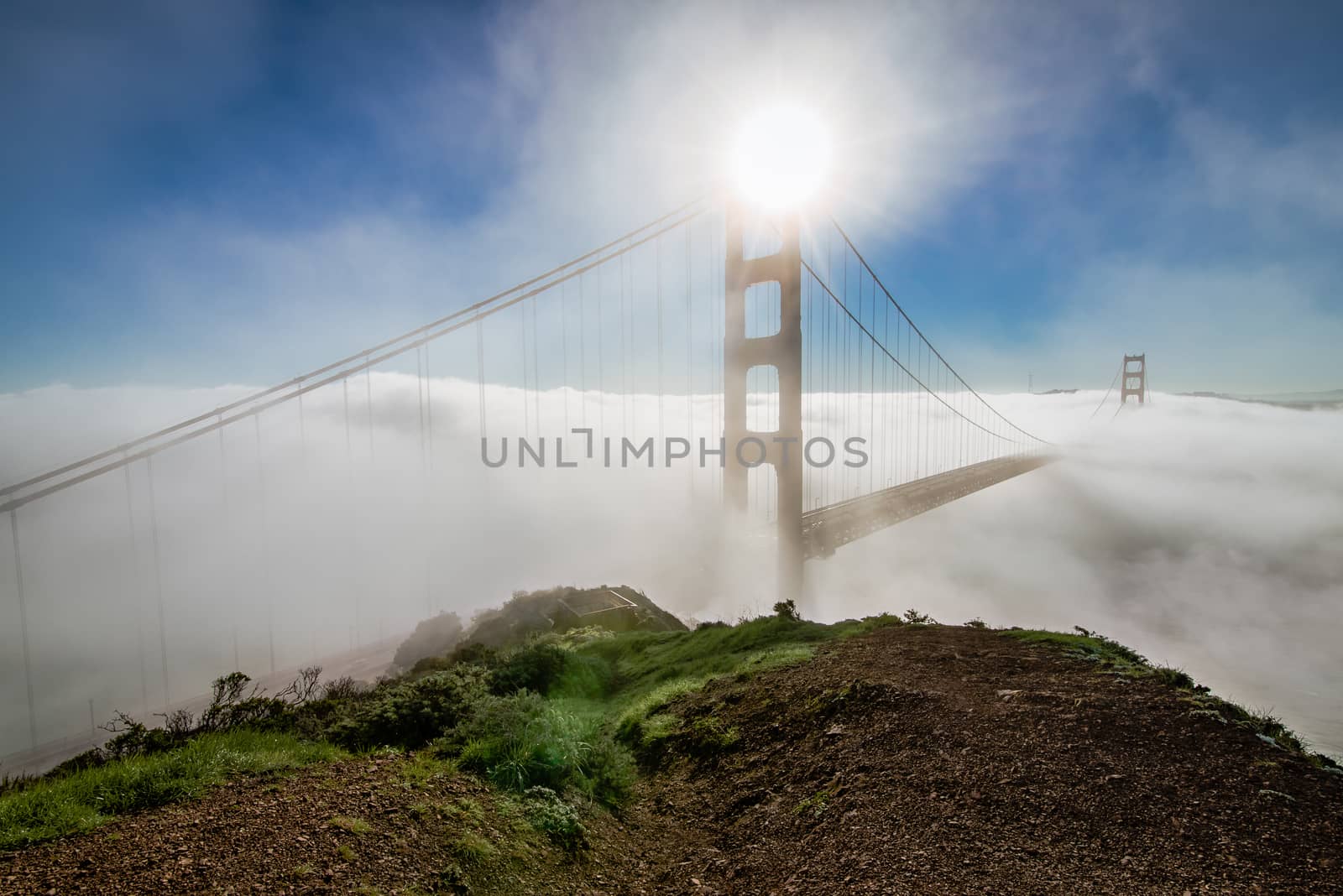 California Golden Gate Bridge emerges from the morning fog at sunrise by Pendleton