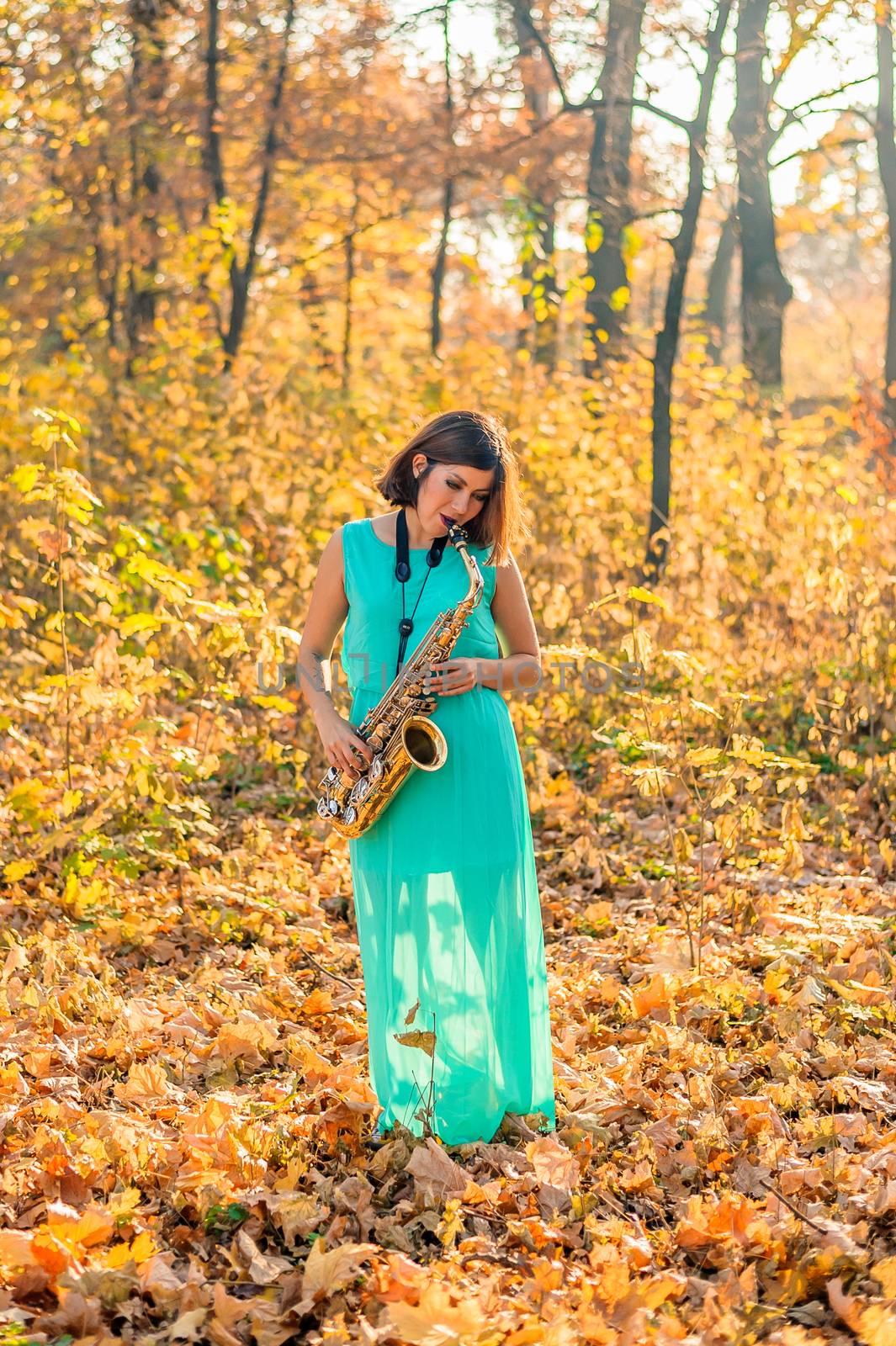nice girl with black hair in a blue dress plays the alto saxophone in the middle of yellow foliage in a park in autumn by chernobrovin