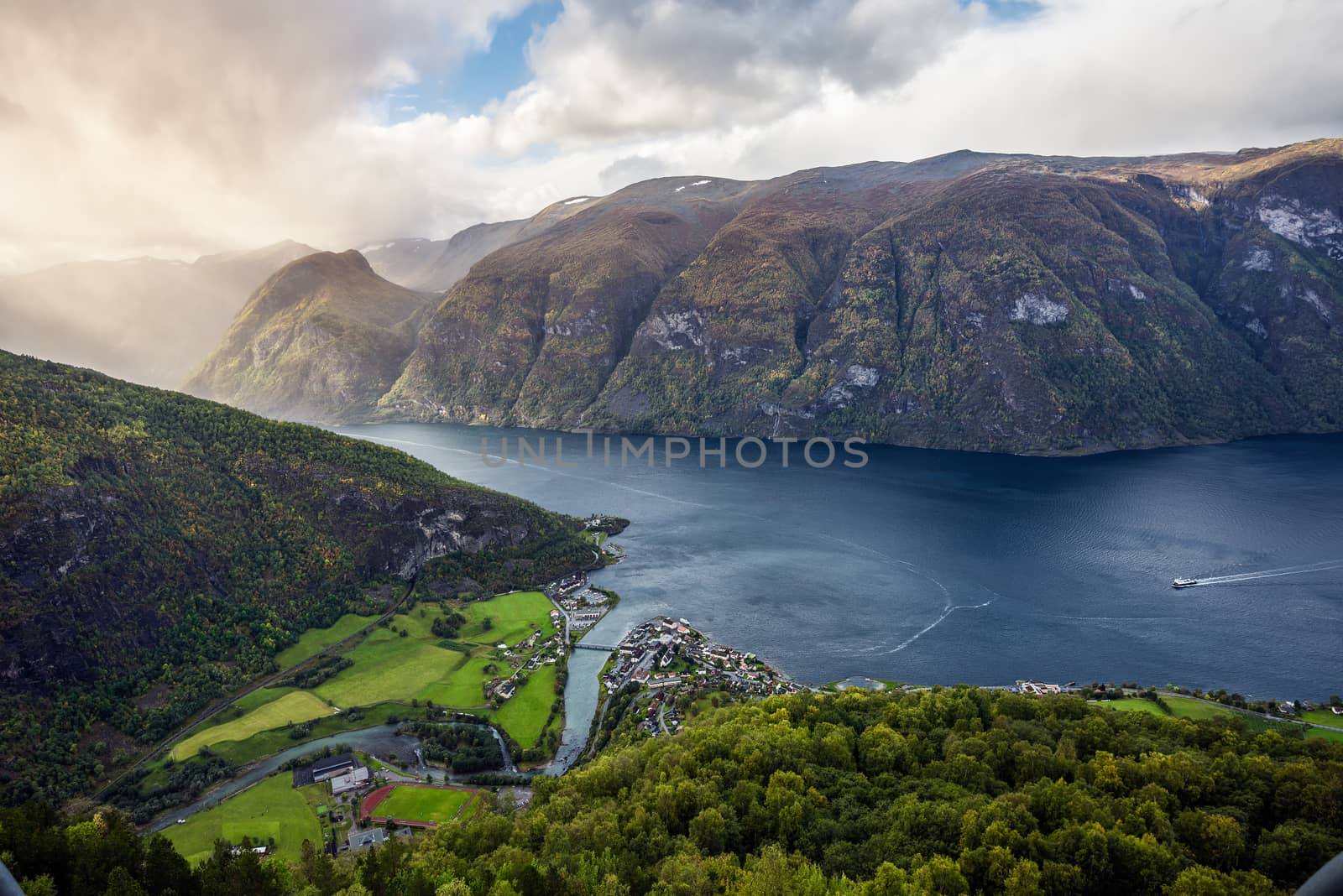 Aurland and Aurlandsfjord in the mist, Sogn og Fjordane, Norway by nickfox