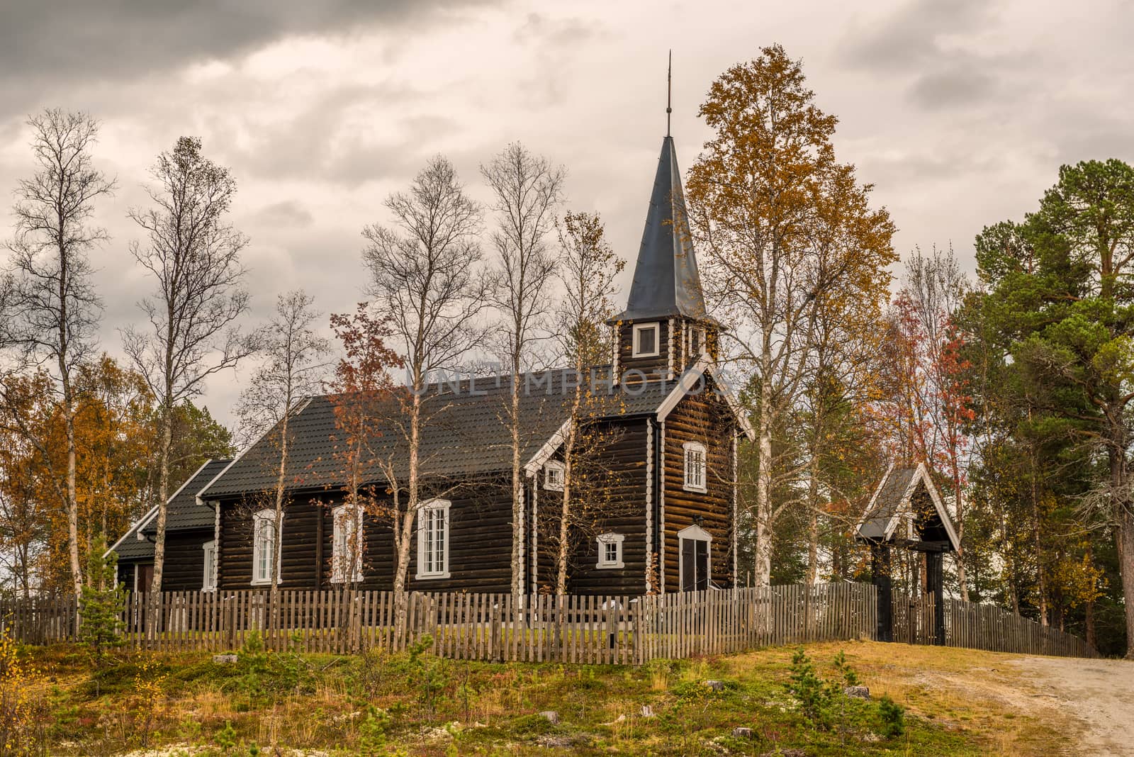 Historic church in Somadal, Hedmark, Norway set in an autumn setting.