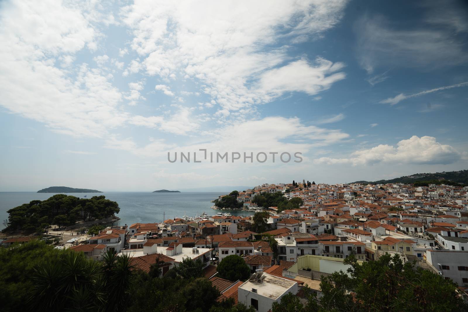 A view overlooking Skiathos Town in Greece during summer
