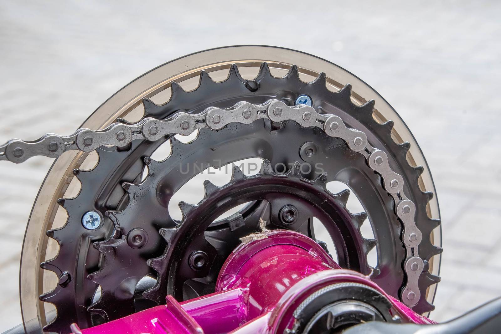 Close view of the gear cogs which are attached to the pedals of a bicycle