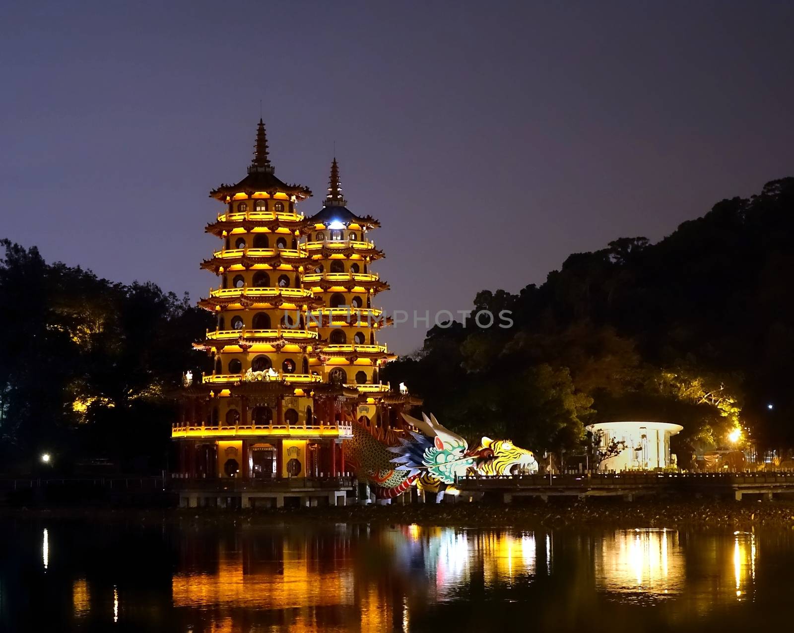 Tiger and Dragon Pagodas at the Lotus Lake in Kaohsiung at evening time