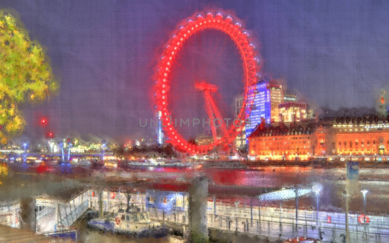 Foto of an aquarell image of London with a linen structure
